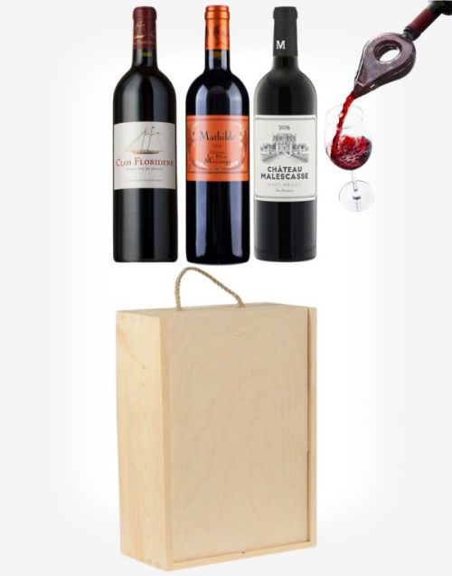 Bordeaux 3fl. v drevenom boxe a prevzdušňovač vína