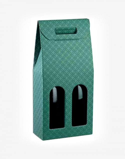 Darčekový kartónový box - zelená mriežka - na 2 fľaše 